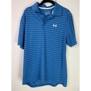 Under Armour Mens Blue Striped Polo Shirt Loose Fit HeatGear MD